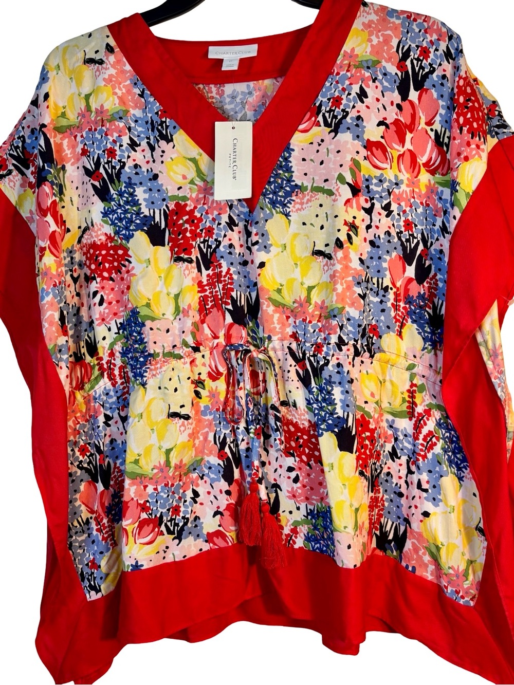 Charter Club Red Floral V-Neck Tie-Front Tunic